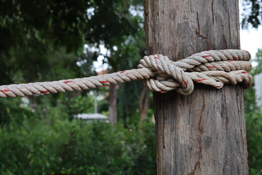 Sturdy rope securely tied weathered tree trunk. Outdoor setting projects feelings adventure, natural strength. Strong knot symbolizes connection, endurance, resilience. Perfect for themes photo