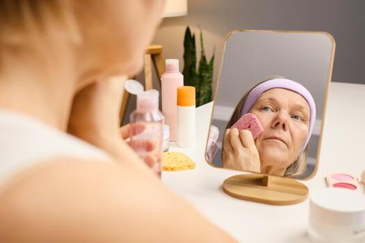 A woman gently cleanses her face using a sponge while observing her reflection in a round mirror. The setting features soft lighting and neatly arranged skincare products on the counter photo