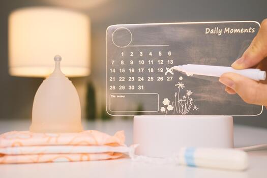 A hand holds a white marker to personalize a translucent calendar on a table. The soft glow of a lamp and nearby items create a warm, inviting atmosphere in the evening photo