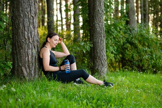 hermosa joven mujer, descansando por árbol después bosque correr, participación un agua botella y disfrutando naturaleza foto