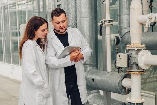 Engineers reviewing system documentation on tablet, comparing readings to compliance standards, preparing maintenance checklist and retrofit recommendations in controlled industrial environment photo