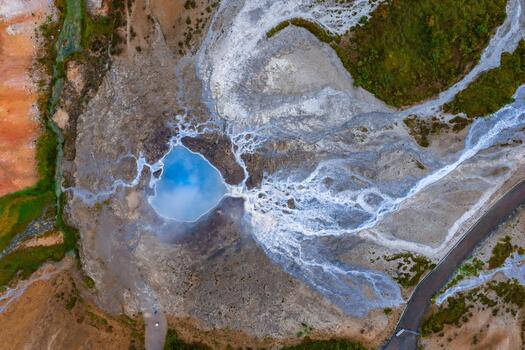 Aerial view of a turquoise geothermal pool in Iceland with white deposits, branching runoff, and a curving road at right, seen by day in soft diffused light. photo
