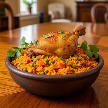 Aesthetic stock image of fried rice in a clay patterned bowl photo