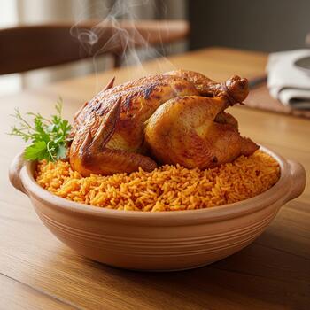 Stylish aesthetic of fried rice in a patterned clay bowl photo