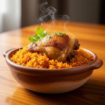 Stylish fried rice In a clay patterned bowl photo