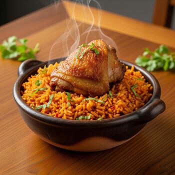 Stylish Image of fried rice in a clay patterned bowl photo