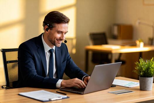 man with a hearing impairment using speech-to-text software on laptop, natural light on his face, blurred office background, inclusive modern business atmosphere photo