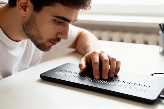 Man using braille display device for accessibility and education in technology photo