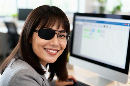 visually impaired office worker using a screen reader program on a computer, bright modern office background photo