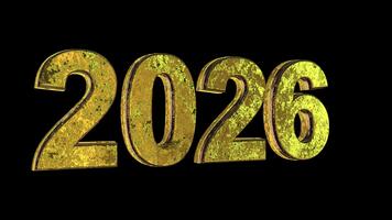 2026 gyllene 3d text slinga animering med reflekterande metallisk textur och lysande ljus effekt på svart bakgrund video
