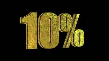 10 procent gyllene 3d text animering med rostig metallisk textur och skinande ljus reflexion på svart bakgrund video
