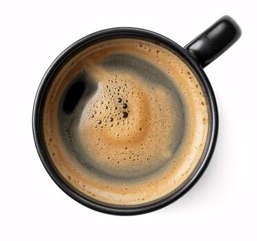A top-down perspective of a steaming cup of coffee, isolated on a clean white background. The rich, dark brew is topped with a frothy layer of crema. Perfect for a morning boost. photo