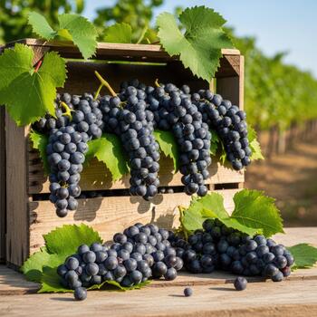 recién cosechado oscuro uvas desbordante desde un rústico de madera caja en un viñedo foto