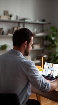 Man on conference call meeting. Online social interaction platform. Remote communication and virtual collaboration. Digital connection with team through tablet screen at home office. photo
