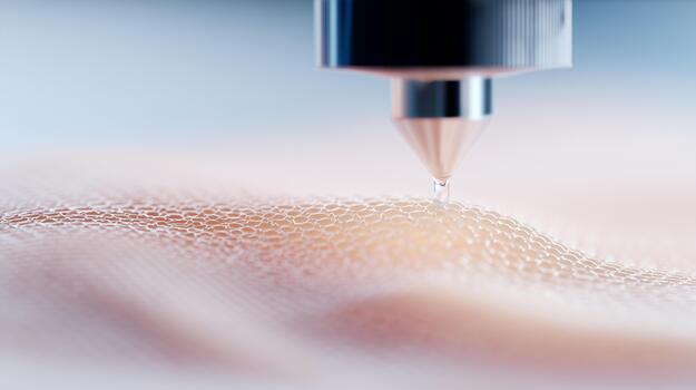 Bioprinting artificial skin tissue with precision nozzle creating cellular structure. Advanced biotechnology for skin regeneration, medical transplantation, wound healing, and tissue engineering. photo