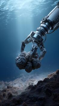 Robotic arm collecting polymetallic nodules from deep ocean floor. Underwater mining machine operates in dark depths with artificial light, extracting mineral resources from seabed. photo
