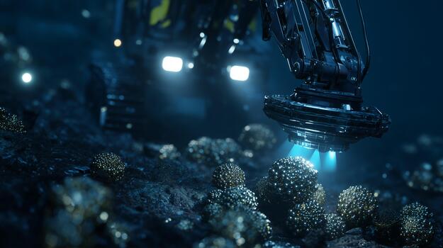 Deep sea mining machine scanning polymetallic nodules with artificial lights on dark ocean floor. Underwater robotic equipment extracting mineral resources in isolated depths with machinery. photo
