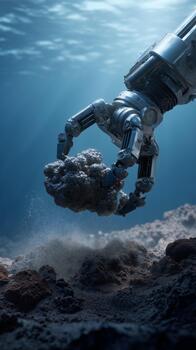 Underwater robotic gripper extracting polymetallic nodules from ocean floor. Deep sea mining machine collecting mineral resources with mechanical arms in dark depths with sediment clouds. photo