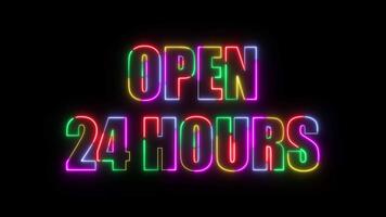 öffnen 24 Std fünf Farbe Neon- glühen mit retro Panne Text Animation auf schwarz Hintergrund video
