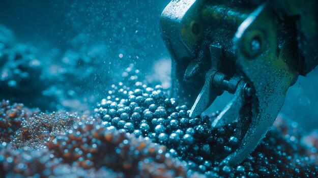 Underwater mining machine collecting polymetallic nodules from ocean floor. Robotic equipment harvesting mineral resources in deep sea with sediment clouds and spherical formations. photo