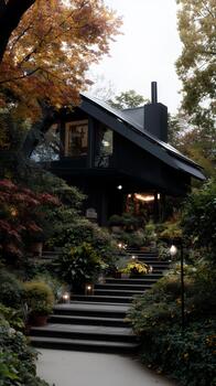 Modern black cabin in forest with illuminated garden path at dusk. Sustainable architecture featuring solar panels, chimney and lush landscaping for autonomous off-grid living in nature. photo