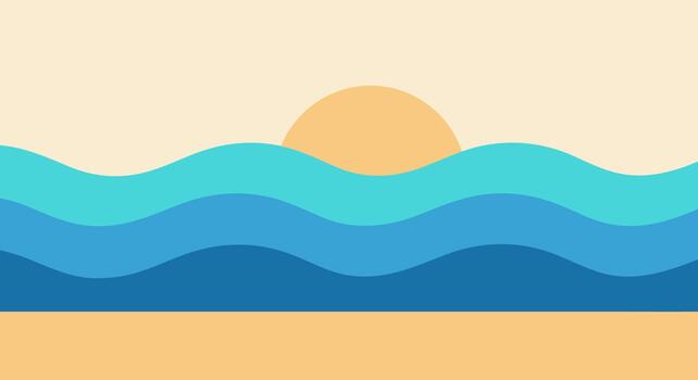 Minimalist flat graphic of a tranquil beach scene with calm ocean waves and a setting sun over the horizon vector