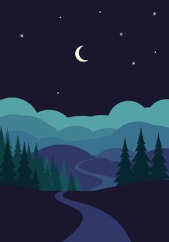 A serene and tranquil night landscape with rolling hills, a winding path, and a crescent moon illuminating the starry sky vector