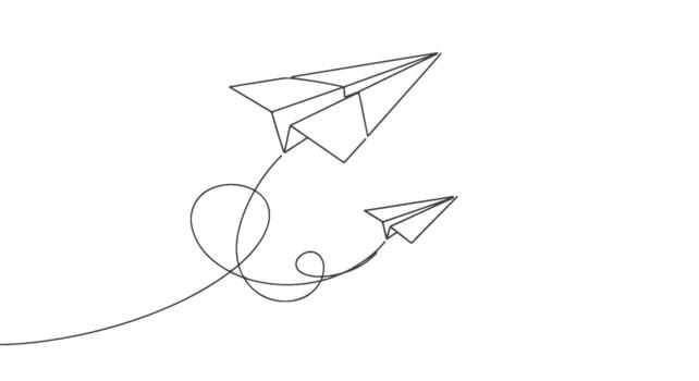 Two paper airplanes flying on a path, a minimalist one continuous line drawing representing journey and teamwork concept illustration vector