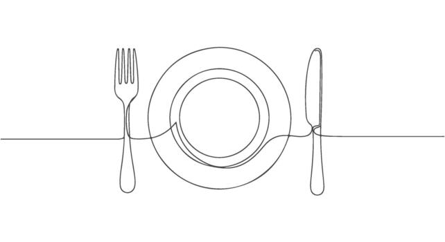 continuo uno línea dibujo de un plato con tenedor y cuchillo para un minimalista comida concepto vector