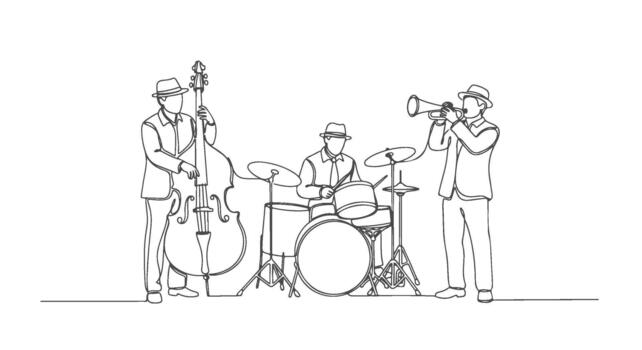 A continuous one line drawing illustration of a jazz band playing instruments, a single line art sketch vector