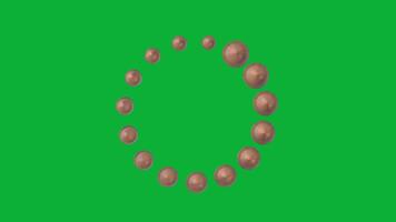 di legno Caricamento in corso cerchio animazione fatto di 3d sfere con brillante riflessione su verde sfondo, realistico ciclo continuo movimento grafico video
