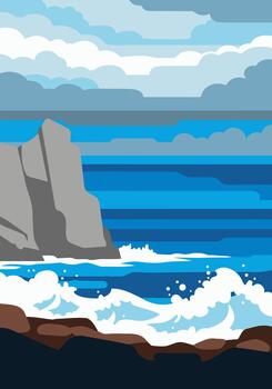 Stylized illustration captures the raw power of ocean waves crashing against rugged coastal cliffs under an overcast sky, perfect for digital art applications vector