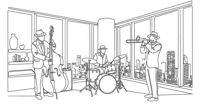 A striking one-line continuous drawing capturing a lively jazz band performance against a sophisticated urban skyline view, a modern and elegant illustration vector