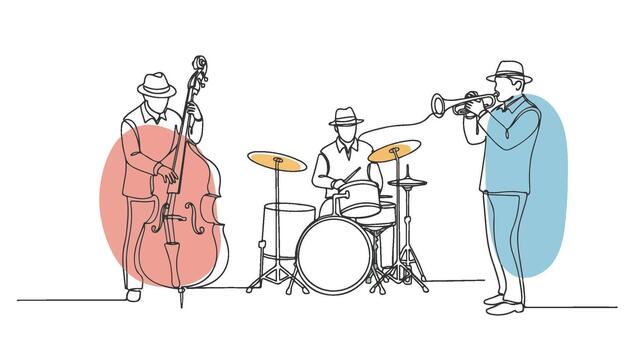 One continuous line drawing of jazz band musicians performing with instruments in minimalist style. d vector