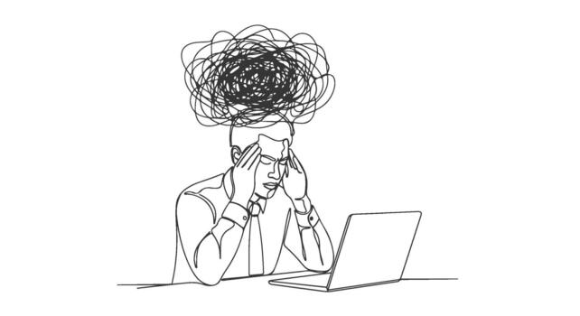 One line continuous drawing of a stressed person with a tangled brain, near a laptop, in a black and white design style -3 vector