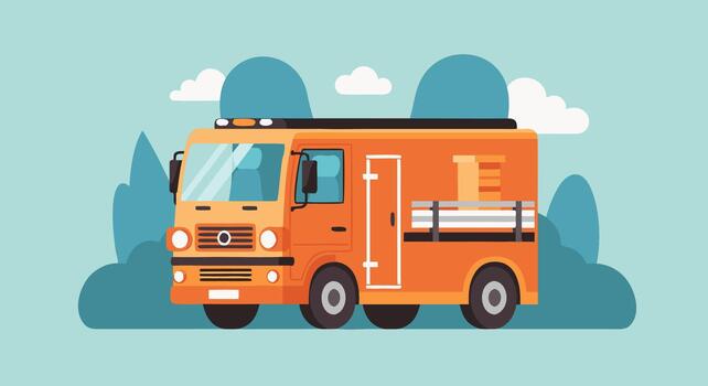 illustration of an orange utility truck with a streamlined design against a backdrop of stylized trees and clouds vector