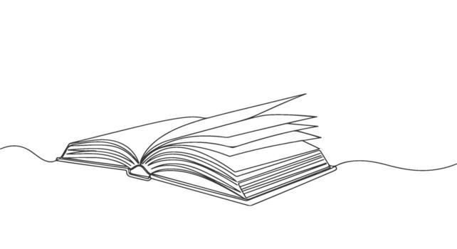 Open book with fluttering pages in a continuous line drawing style on a white background, symbolizing knowledge and imagination vector