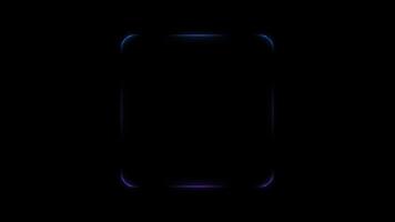 néon azul e roxa luz formando brilhando quadrado quadro, Armação em Preto fundo, a luz movimentos suavemente ao longo a arestas, com suave Beira movimento looping criando suave futurista brilho video