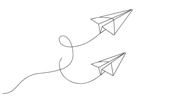 A minimalistic one line continuous drawing illustrating two paper airplanes soaring gracefully with a looped path, symbolizing journey and freedom vector