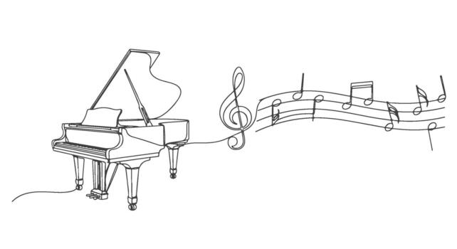 Abstract line art illustration of a grand piano with musical notes flowing from it, symbolizing music creation and melody vector