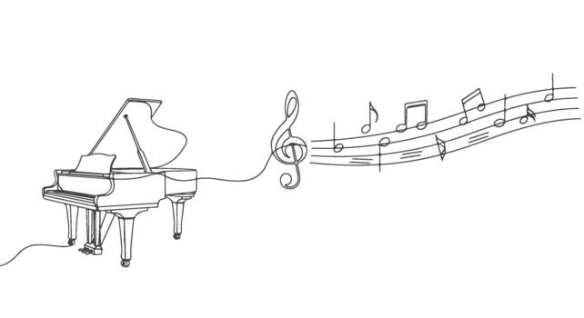 Continuous line drawing of a majestic grand piano with flowing musical notes and a treble clef, symbolizing the art and harmony of sound creation vector