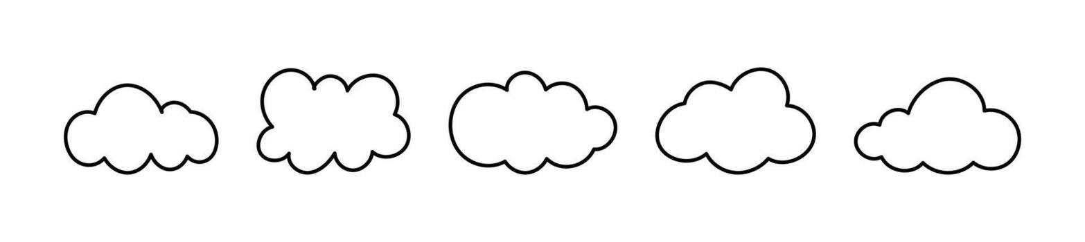 Clouds outline set. Doodle fluffy cloud patterns. Puffy, cumulus simple clouds. Cloudy flat forms in black thin contour. Weather element templates. Cloudscape objects. Hand drawn cute minimal icons. vector