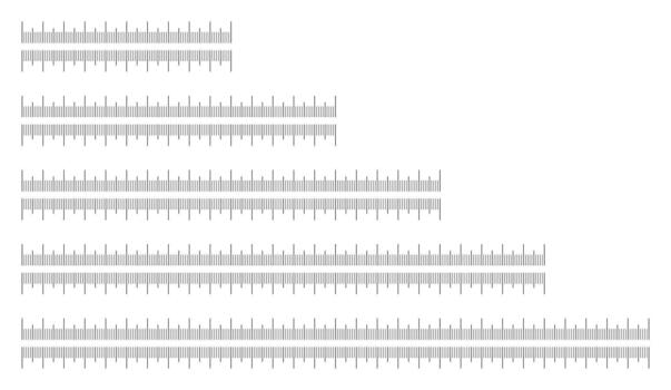 Metrics indicators cm. Chart 10, 15, 20, 25, 30 centimeters. Scales for ruler in centimeters. Metric ruler icons. Length, height, distance, sewing, measuring tools. Set of measuring scale templates. vector