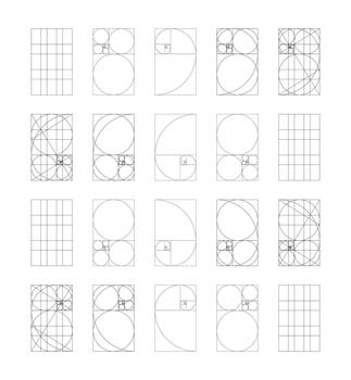 Golden ratio template big set. Fibonacci array, numbers form. Method golden section samples. Golden Spiral. Harmony proportions simple black frames. Outline graphic thin printable flat illustration. vector