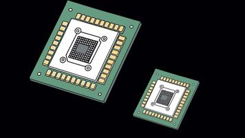 isometrisk dator processor. animering av mikrochip stämpling, alfa kanal. tecknad serie video