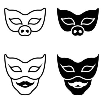 Masquerade icon set. A set of minimalist outline mask icons, featuring masquerade masks with various details such as a moustache and a pig nose. Suitable for carnival, party, and festive designs. vector