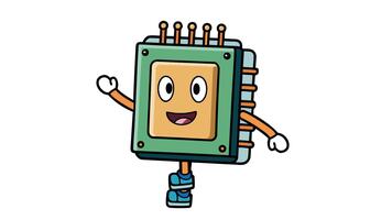 söt tecknad serie karaktär är en mikrochip. animering av en dator processor, alfa kanal. tecknad serie video