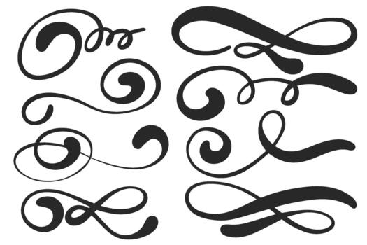 Swoosh lines. Hand-drawn squiggle strokes. Swirl swish and swash elements. Calligraphic curly scribbles. Wavy elegant decorative shapes. Graphic scrolls vector