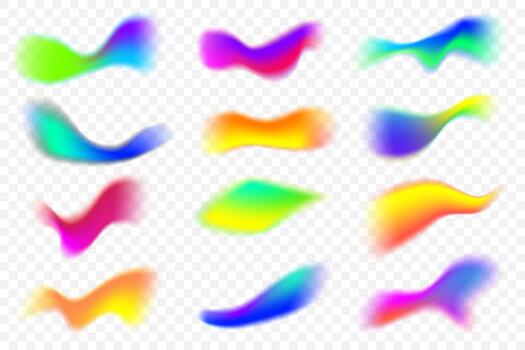 Blurred colored shapes. Mesh fluid liquid abstract elements isolated on white background. Soft light holographic blobs. Neon blend vibrant multicolor figures vector