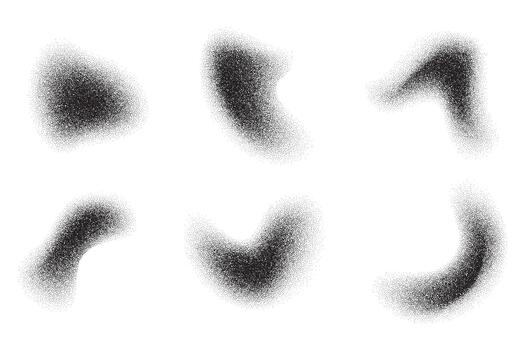 Grainy dotted gradient with pattern of noise texture. Wavy brushstrokes with dust effect. Set of stipple splashes and shadows. Fluid liquid random fades isolated on white background vector
